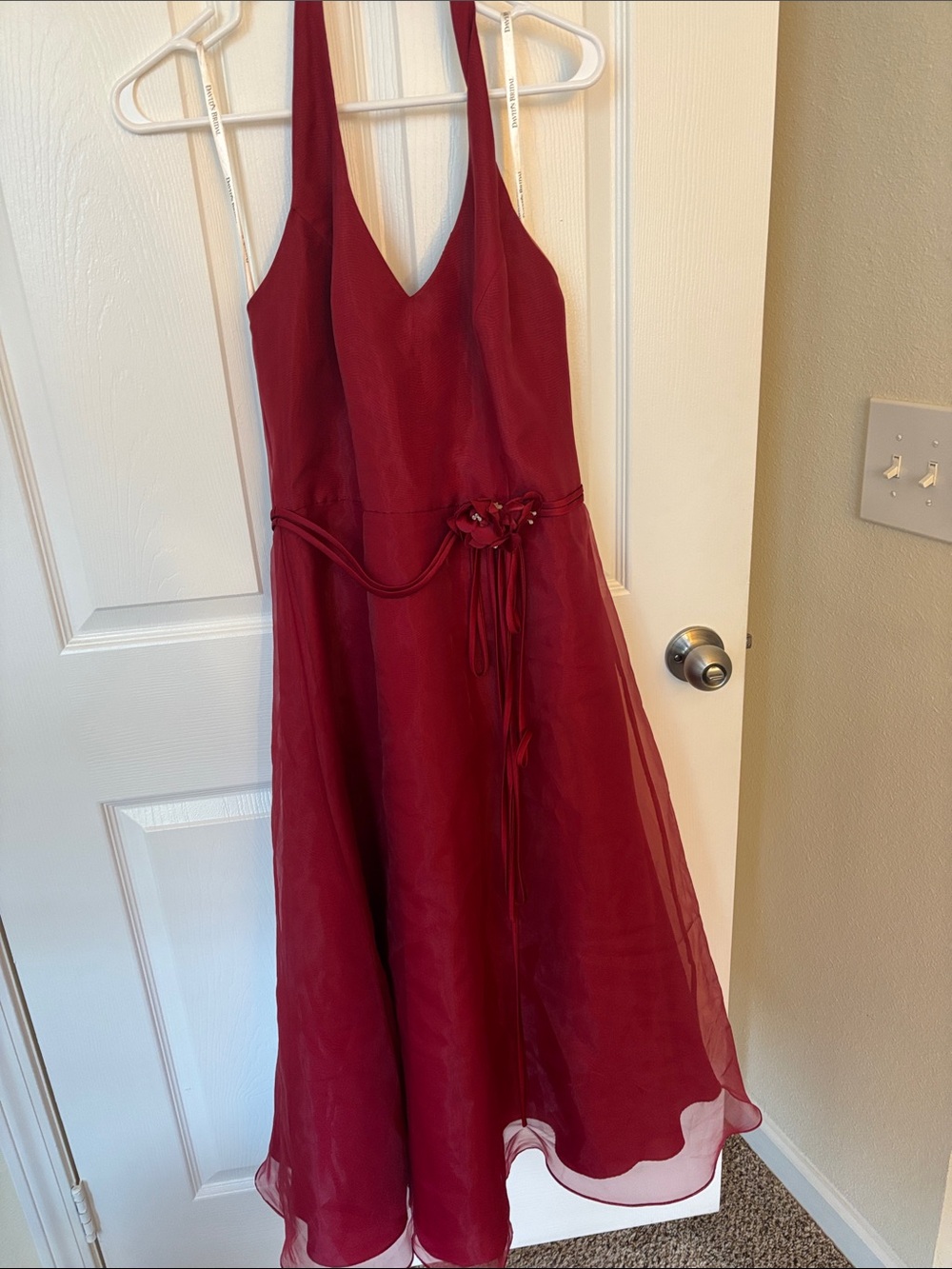 David's Bridal Burgundy Halter V-Neck Maxi Dress with Floral Waist